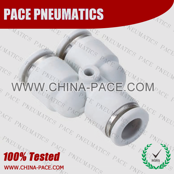 Grey White Union Y push in fittings, pneumatic fittings, one touch fittings, push to connect fittings, air fittings